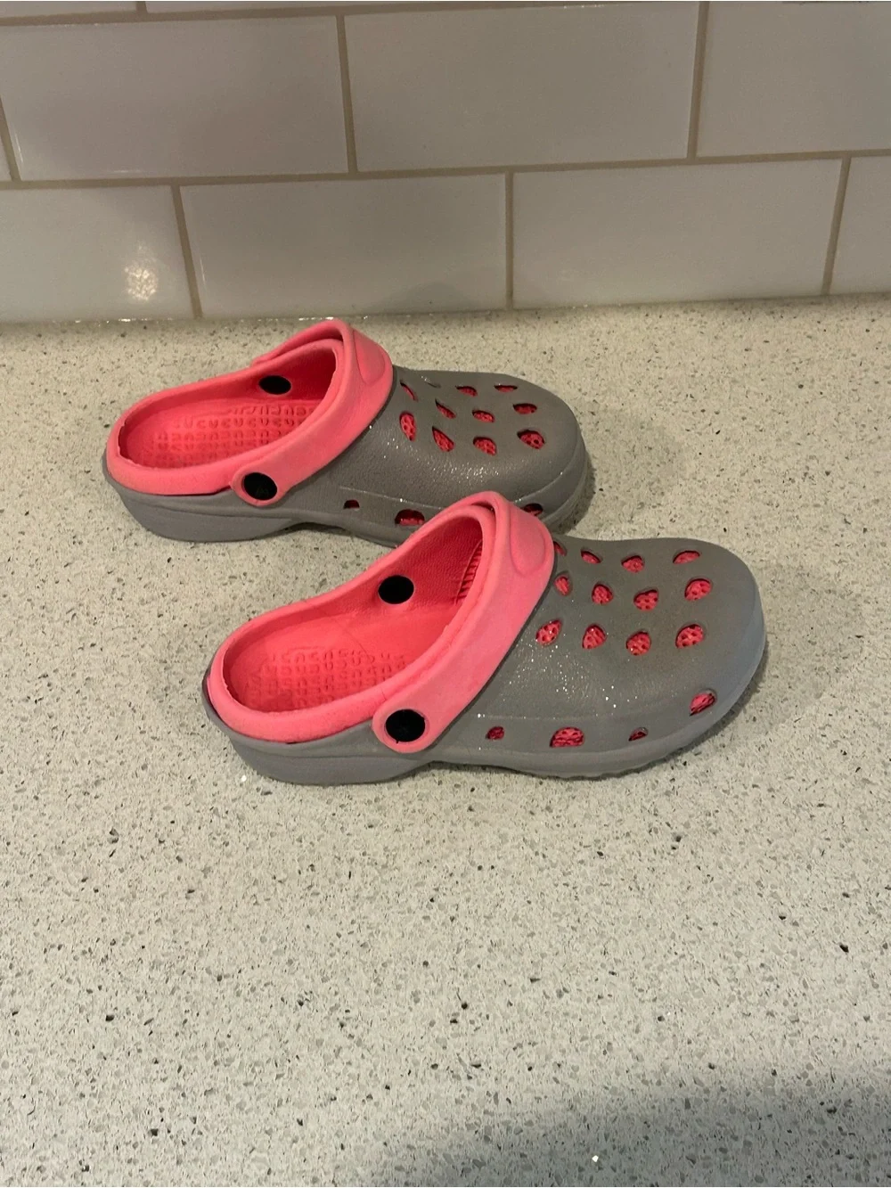 Kids Casual Crocs - Gray with Pink Accents, Size 12/13